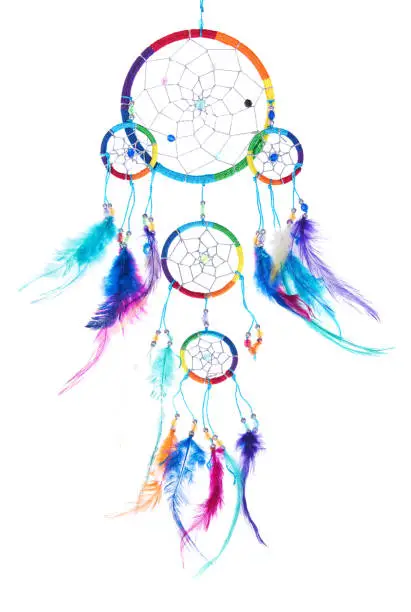Photo of Multi colored dream catcher with feathers, with beads, rim.