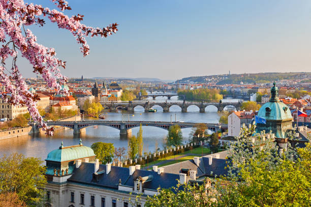 Prague at sunset View on Vltava river and Prague at sunset russia city spring stock pictures, royalty-free photos & images