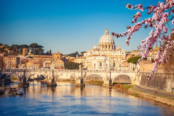 View at Tiber and St. Peter's cathedral in Rome