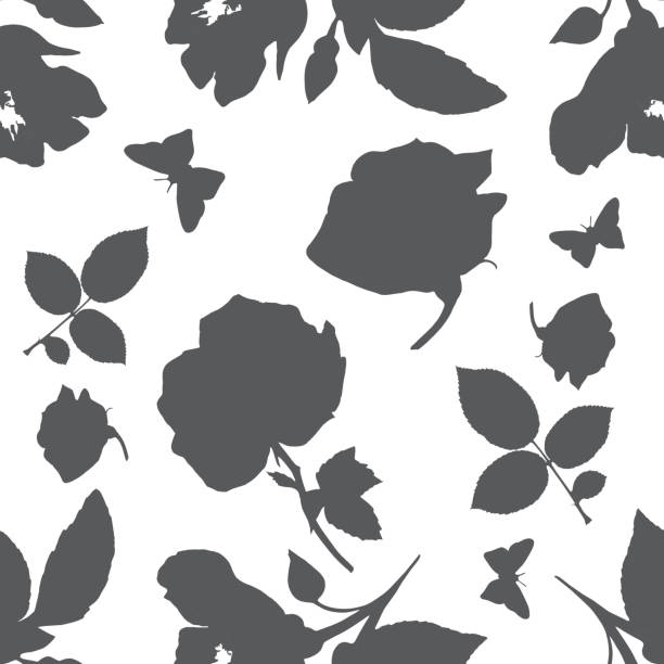 Seamless vector pattern with rose, leaves, and butterflies silho A seamless vector pattern with silhouettes of roses, butterflies, and leaves, on a white background simple butterfly outline pictures stock illustrations