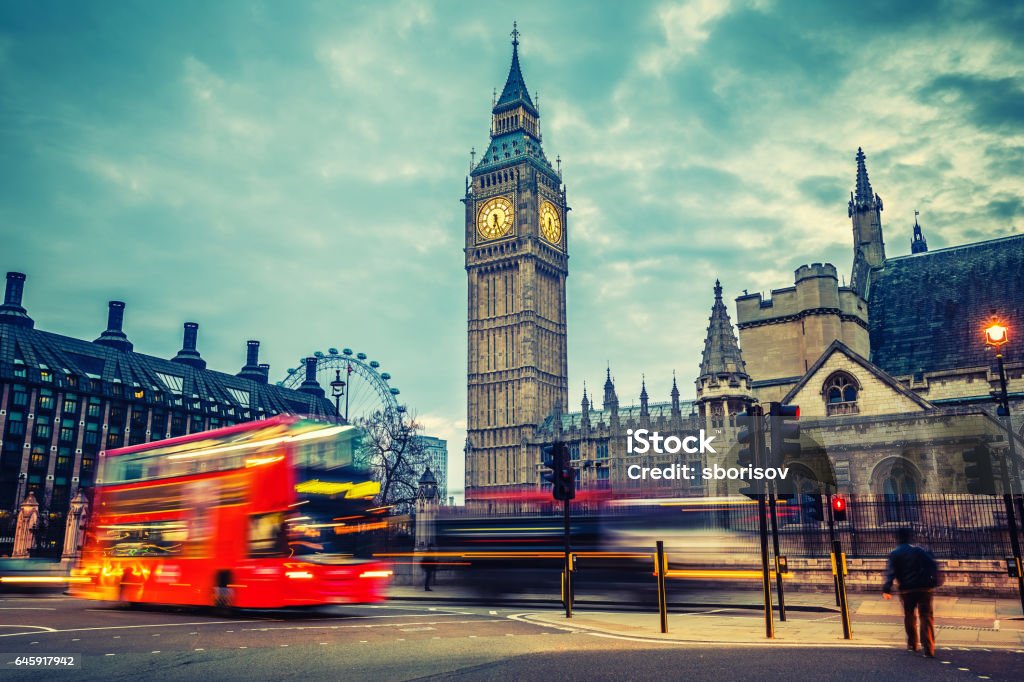 London at early morning Double-decker bus in night London London - England Stock Photo