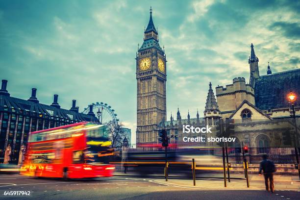 London At Early Morning Stock Photo - Download Image Now - London - England, Double-Decker Bus, Architecture