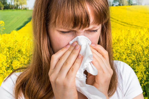 istock Woman with allergy on yellow rape field sneezing in tissue 645923936