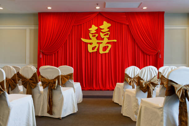 Decoration of Chinese wedding tea ceremony hall with double happiness symbol as background