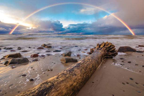 istock beautiful colored storm clouds over the sea beach, rainbow 645926534