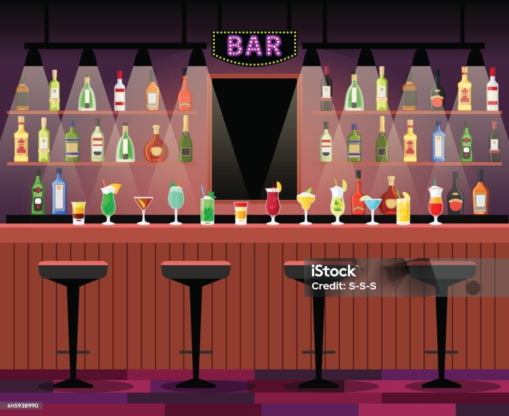 Ilustración de Barra De Bar Con Bebidas más Vectores Libres de Derechos de Barra - Bar - Barra - Bar, Bar, Discoteca - iStock