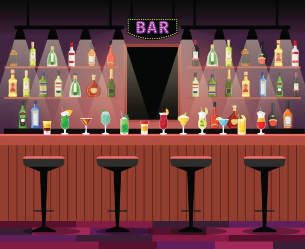 illustrations, cliparts, dessins animés et icônes de comptoir avec alcool boissons - bar stools illustrations