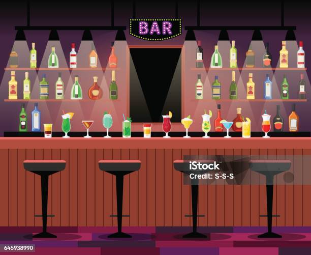 Bar Counter With Alcohol Drinks Stock Illustration - Download Image Now - Bar Counter, Bar - Drink Establishment, Drinking