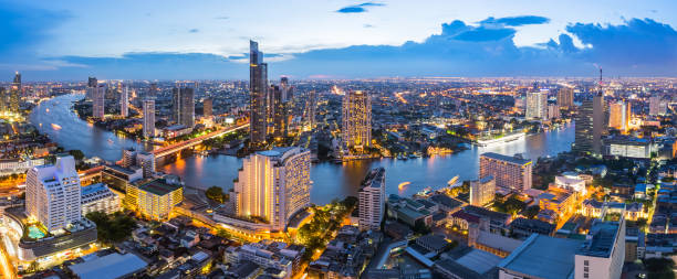 istock Panorama Bangkok city with chaophraya river at twilight scene 645948978