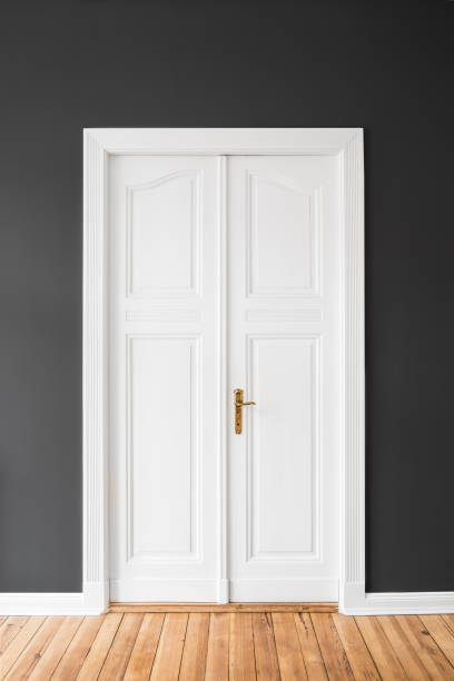 istock beautiful white door on black wall 645958270