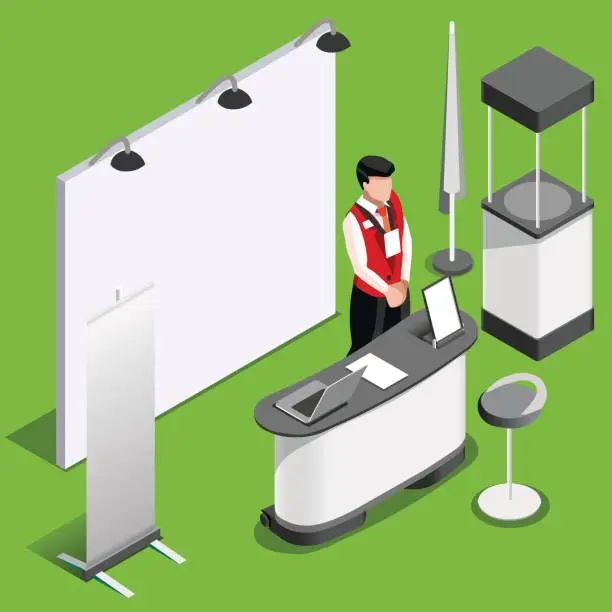 Vector illustration of Exhibition Booth 3D Stand People Isometric Vector Illustration