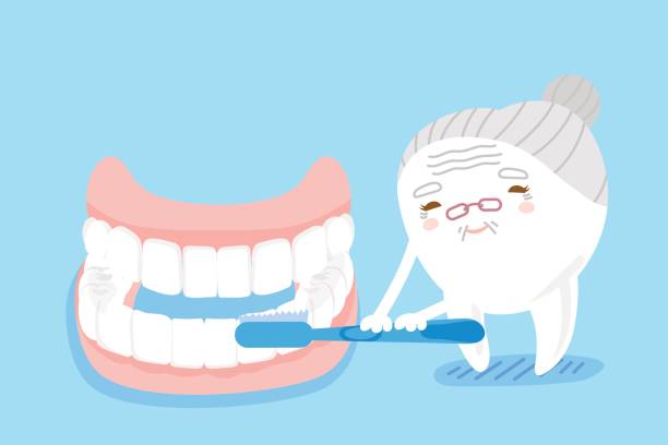 stockillustraties, clipart, cartoons en iconen met tandenborstel met valse tand - tandenpoetsen vrouw
