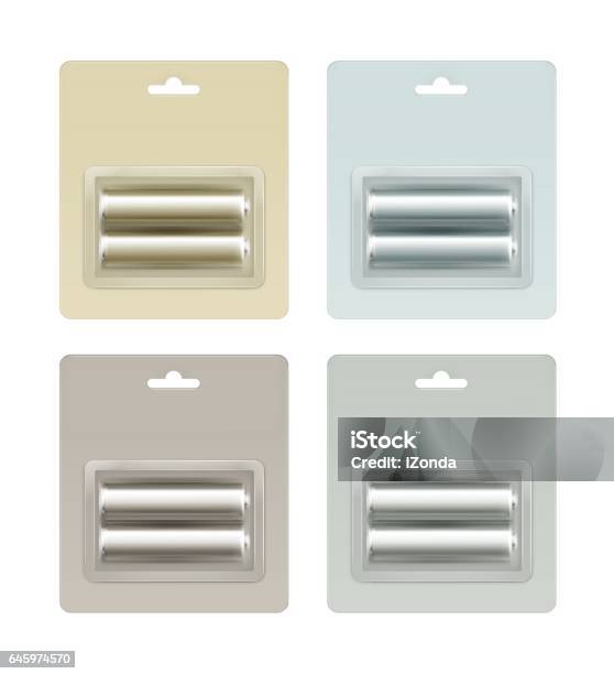 Set Of Alkaline Batteries In Packed On Background Stock Illustration - Download Image Now - Blister Pack, Battery, Package