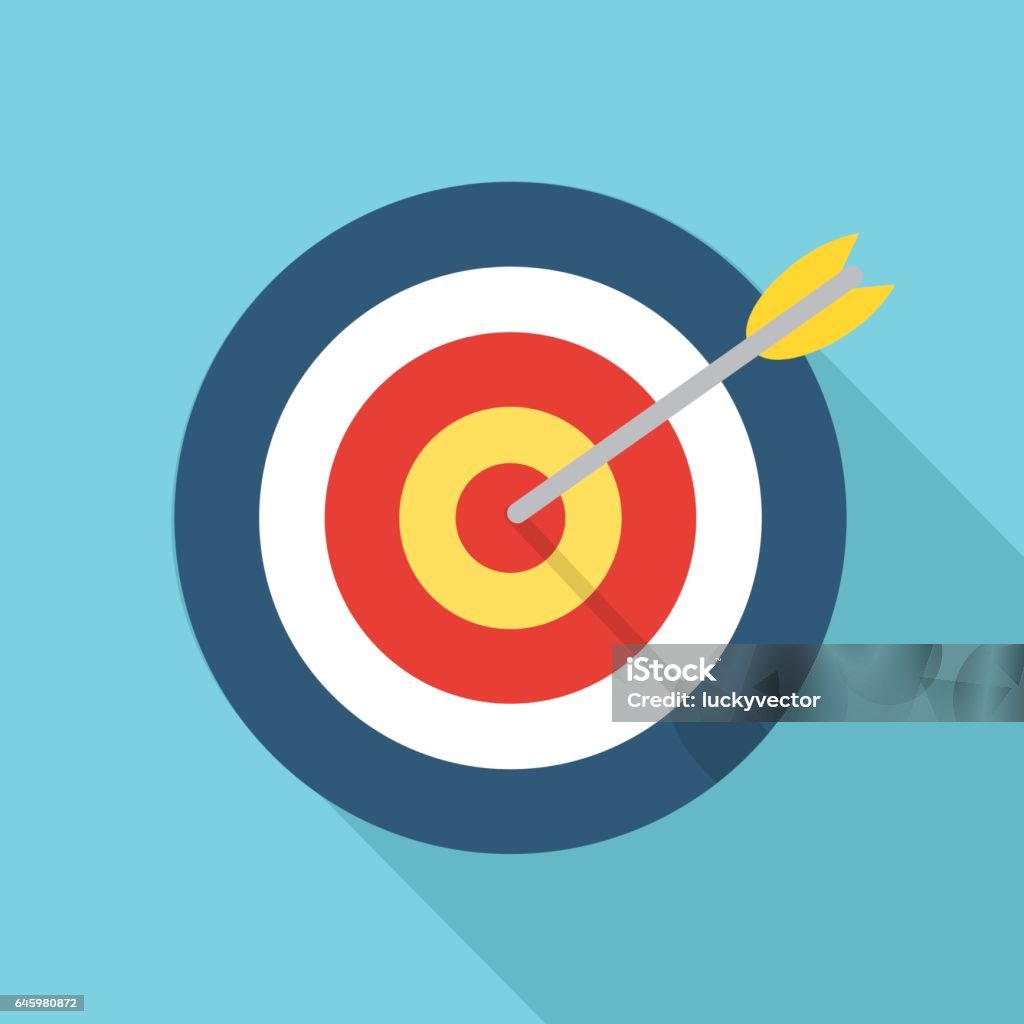 Target with an arrow flat icon concept market goal vector picture image Target with an arrow flat icon concept market goal vector picture image. Concept target market, audience, group, consumer. Bullseye or goal Isolated sign. Illustration of a target with an arrow. Sports Target stock vector