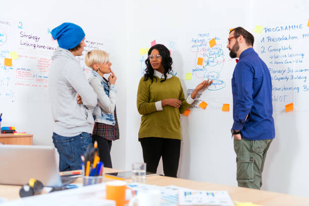 Jewish moderator with international group of seminar participants, explaining near flip charts Group of young people, multi-ethnic and mixed age, working in modern office, developing new start-up business ideas suitable for crowdfunding. Teamwork with creative minds concept. israeli ethnicity stock pictures, royalty-free photos & images