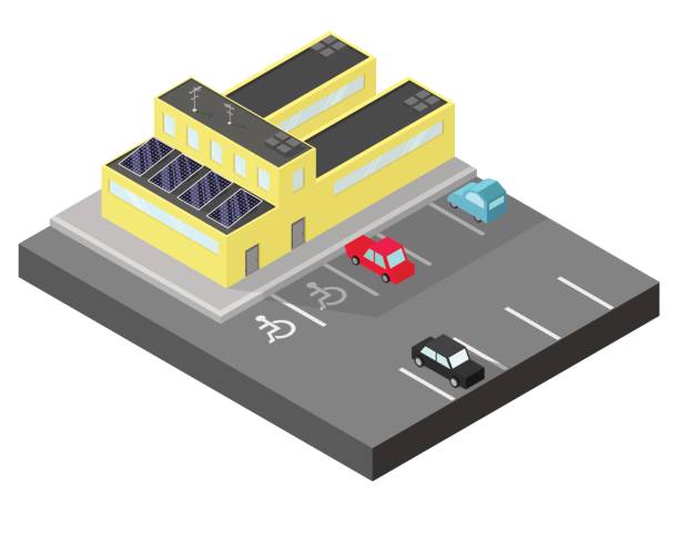 budynek izometryczny z panelem słonecznym. fabryczny i biurowc z parkingiem i samochodami. - office sidewalk office building built structure stock illustrations