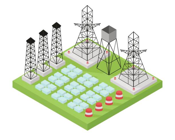 illustrazioni stock, clip art, cartoni animati e icone di tendenza di centrale elettrica con pali della potenza e batterie. illustrazione vettoriale in stile isometrico. - isometric power line electricity electricity pylon