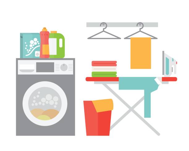 Laundry service cleaning Laundry service room. Dry cleaning and household equipment. Flat design vector utility room stock illustrations