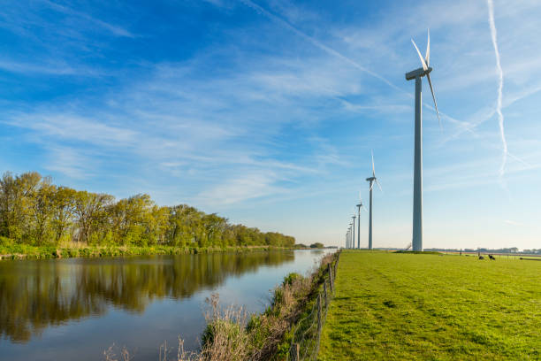 parque eólico en dique, holanda - dutch culture windmill landscape netherlands fotografías e imágenes de stock