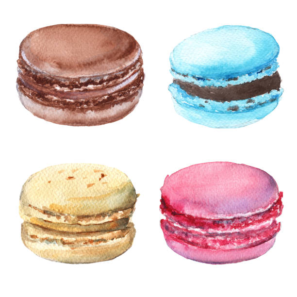 Set macaroon. Strawberry, chocolate, vanilla and mint. Set macaroon. Strawberry, chocolate, vanilla and mint. Isolated on white background. Watercolor illustration macaroon stock illustrations