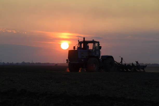 istock Tractor plowing plow the field on a background sunset. tractor silhouette on sunset background 646007584