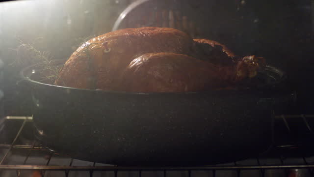 TIME LAPSE CLOSE UP whole turkey cooks in pot in oven with ready button popping up