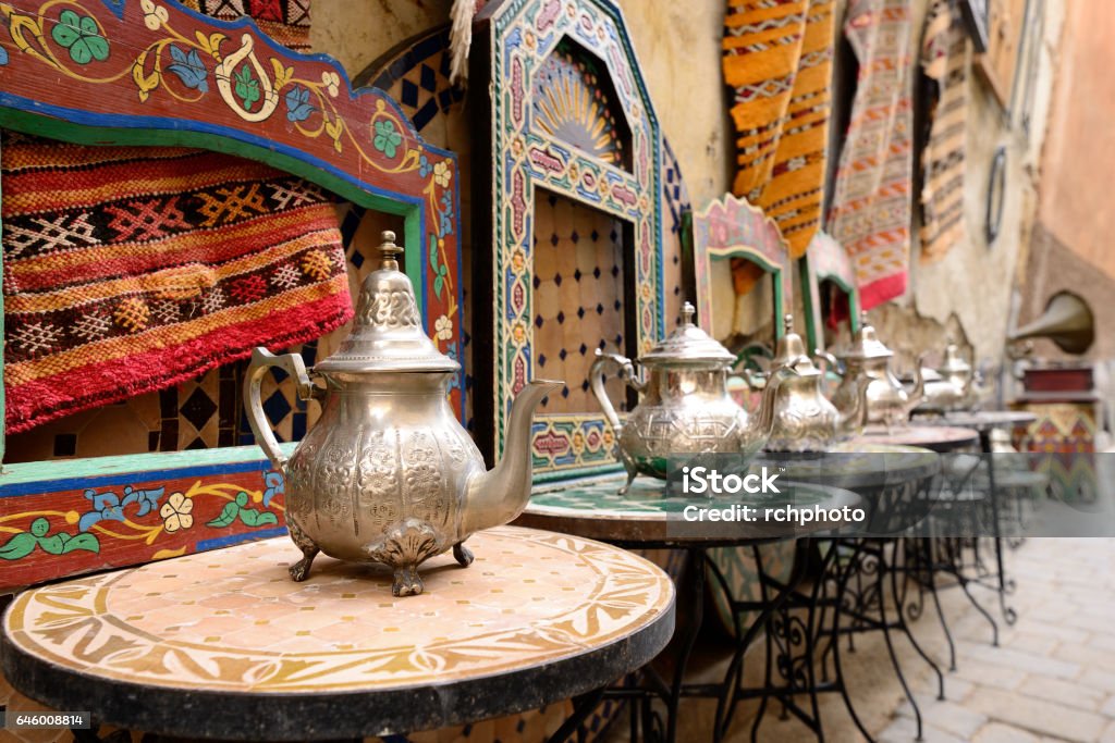 Medina in Morocco Decorative elements on the souk (market) in the old town, Medina in Morocco. Jug for brewing the tea. Casablanca - Morocco Stock Photo
