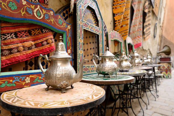 Medina in Morocco Decorative elements on the souk (market) in the old town, Medina in Morocco. Jug for brewing the tea. bazaar market photos stock pictures, royalty-free photos & images