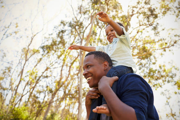 istock Father Carrying Son On Shoulders As They Walk In Park 646011744