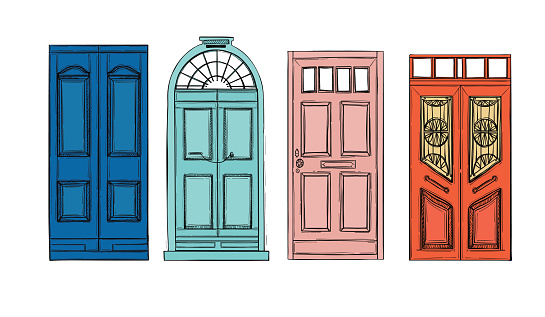 Hand drawn vector illustrations - old vintage doors. Isolated on white background.