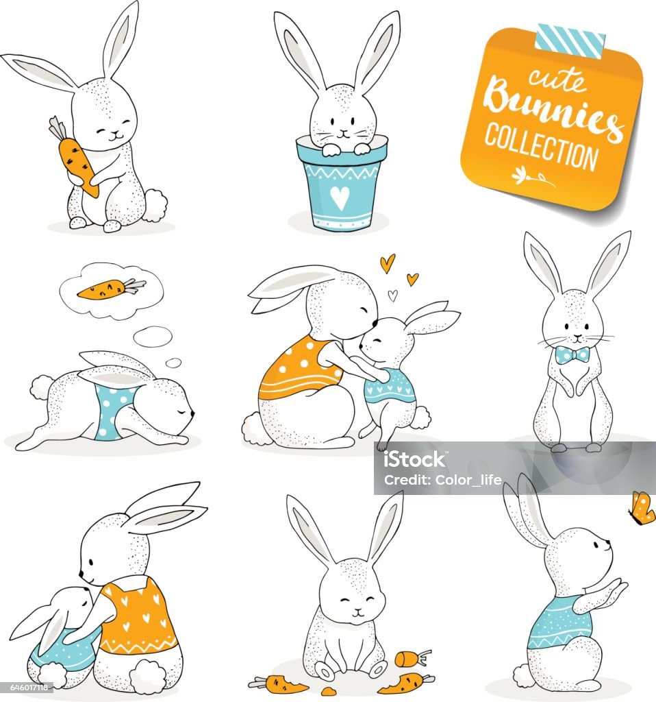 Mignons petits lapins ensemble. - clipart vectoriel de Pâques libre de droits