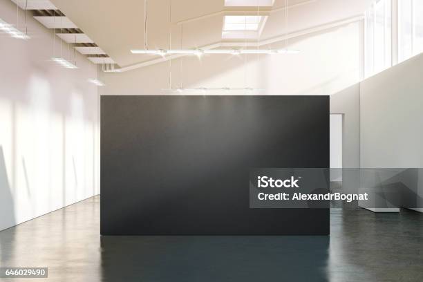 Blank Black Wall Mockup In Sunny Modern Empty Gallery Stock Photo - Download Image Now