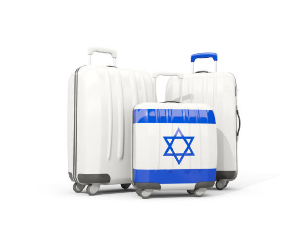 luggage with flag of israel. three bags isolated on white - suitcase flag national flag isolated on white imagens e fotografias de stock