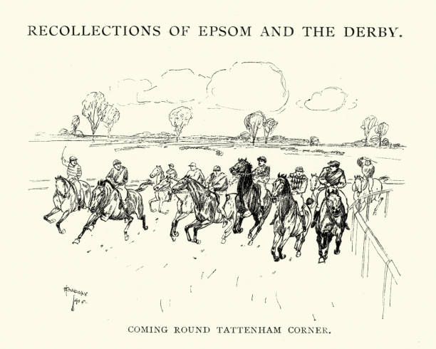 Epsom Derby Racehorses coming round Tattenham corner Vintage engraving of the Epsom Derby Racehorses coming round Tattenham corner. 1892 wrexham stock illustrations
