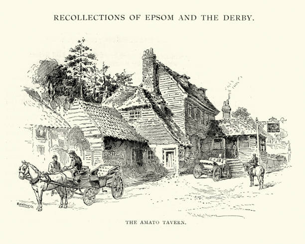 Amato tavern, Epsom, 1892 Vintage engraving of the Amato tavern, Epsom, 1892. The old Amato Inn was destroyed by fire in the early hours of Thursday 20 April 1922. In the newspaper report the building was alleged to have been over three hundred years old. surrey hotel southeast england england stock illustrations