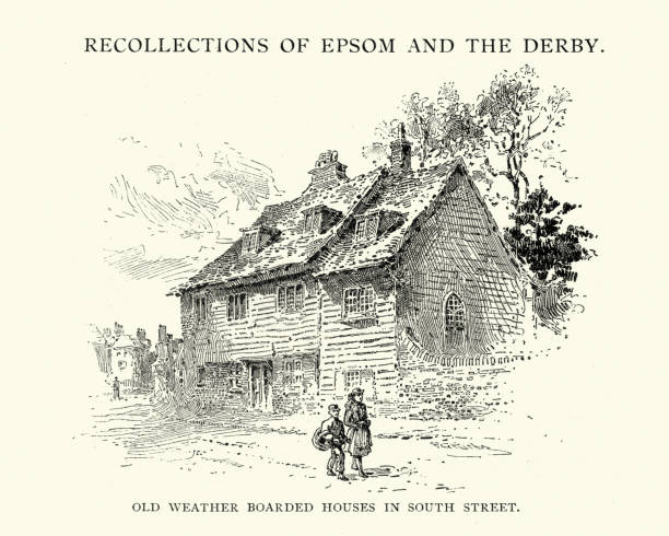 ilustraciones, imágenes clip art, dibujos animados e iconos de stock de viejo tiempo abordado casas en south street, epsom, 1892 - surrey southeast england england cottage