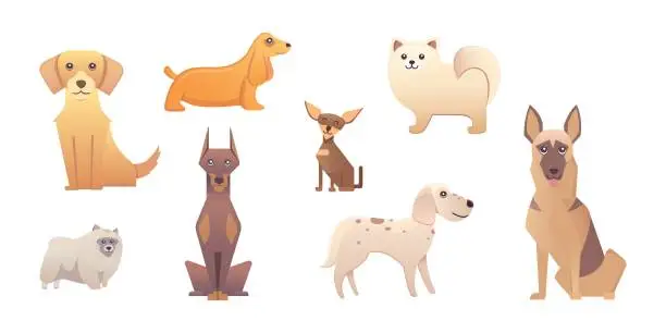 Vector illustration of Different type of cartoon dogs. happy dog set vector illustration.