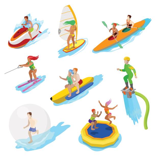 Isometric People on Water Activity. Woman Surfer Isometric People on Water Activity. Woman Surfer, Kayaking, Man on Flyboard and Water Skiing. Vector 3d flat illustration kayak surfing stock illustrations