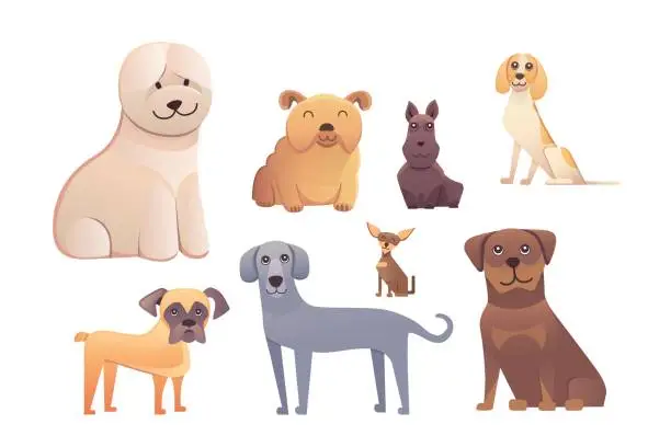 Vector illustration of Different type of cartoon dogs. happy dog set vector illustration.