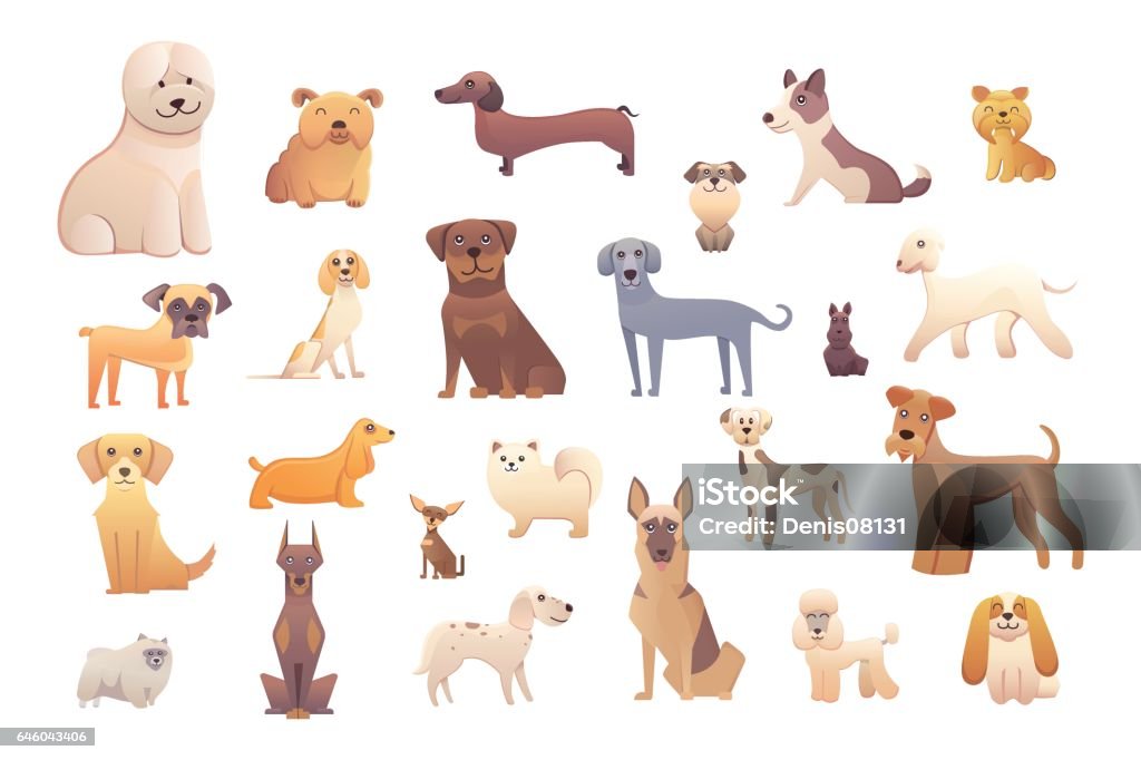 Différents types de chiens de dessins animés. chien heureux la valeur vector illustration. - clipart vectoriel de Chien libre de droits