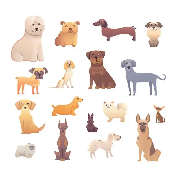 Vector illustration of Different type of cartoon dogs. happy dog set vector illustration.
