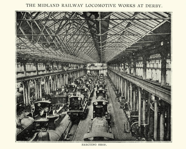 Midland railway locomotive works at Derby, 1892 Erecting shop at the Midland railway locomotive works at Derby, 1892 industrial revolution stock illustrations