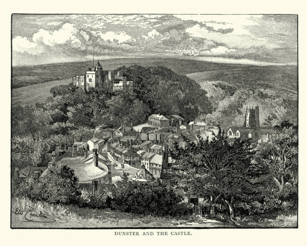 ilustrações, clipart, desenhos animados e ícones de dunster e o seu castelo, 1892 - dunster house