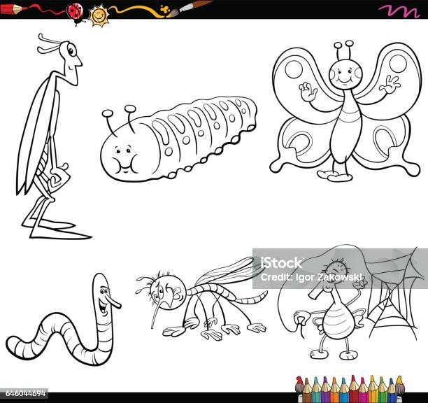 Insect Characters Coloring Page Stock Illustration - Download Image Now - Animal, Black And White, Book