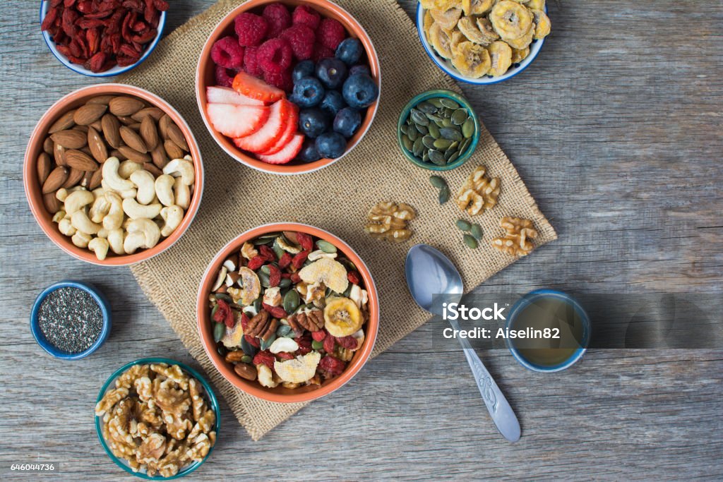 Paleo style breakfast Paleo style breakfast: gluten free and oat free muesli made with nuts, dried berries and fruits, top view Flat Lay Stock Photo