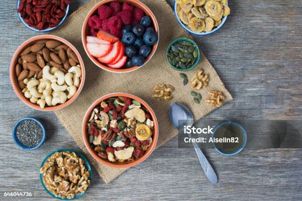 Paleo Style Breakfast Stock Photo - Download Image Now - Flat Lay, Muesli, Above