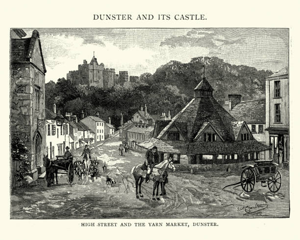хай-стрит и пряжи рынка, данстер 19-го века - dunster house stock illustrations