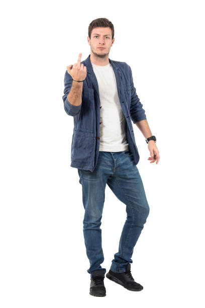istock Rude attitude young aggressive man showing middle finger 646051540