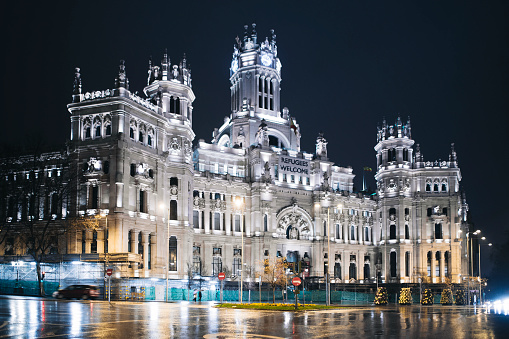 Madrid Communications Palace, now used as city hall building, at night.