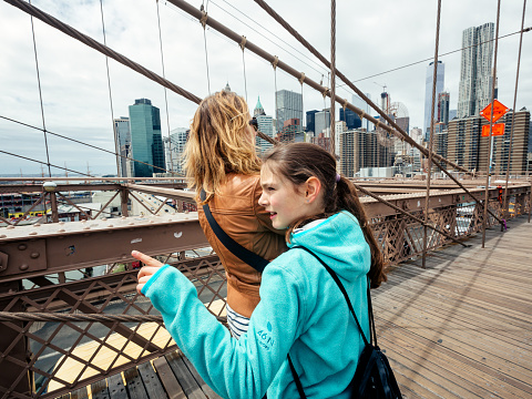 NYC street scene. New Yorkers and tourists walking on the Brooklyn Bridge. Manhattan skyline in background